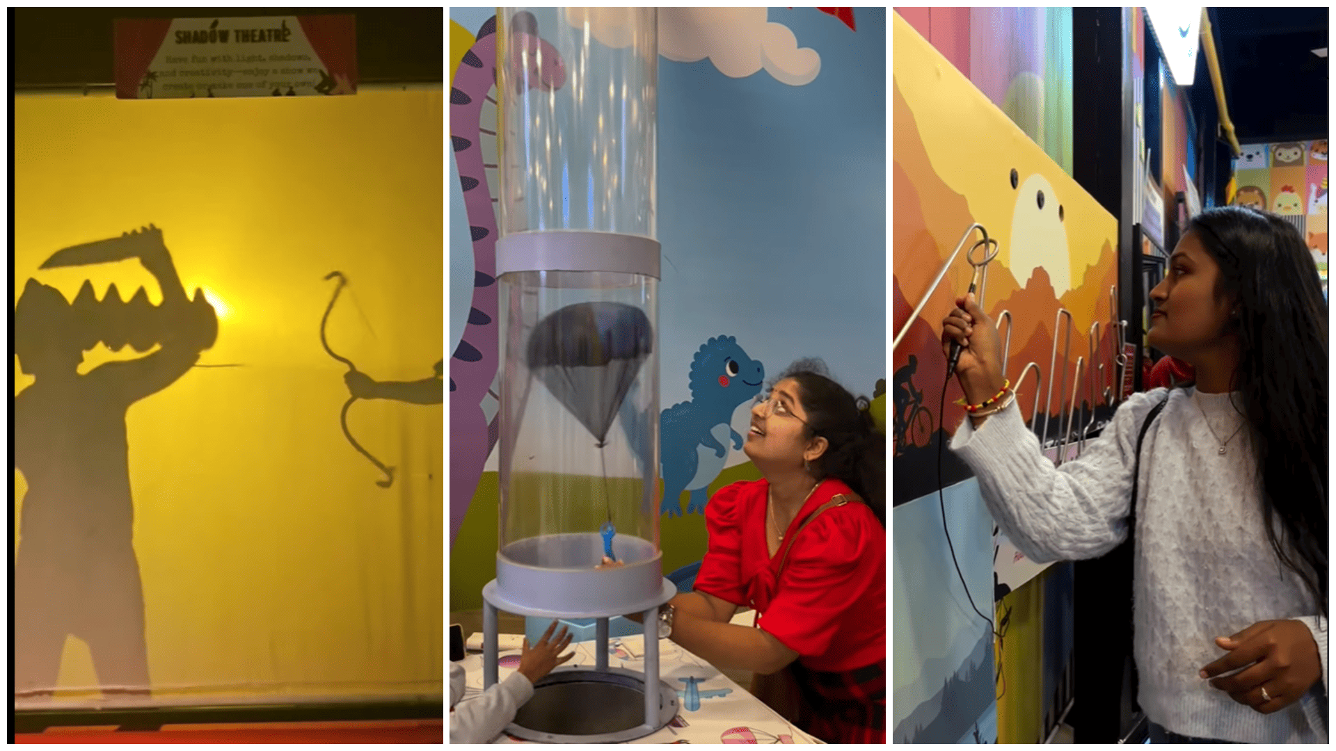 Visitors enjoying interactive activities at MAD Labs Bangalore, including shadow theatre, parachute air challenge, and steady-hand game inside Snow City.