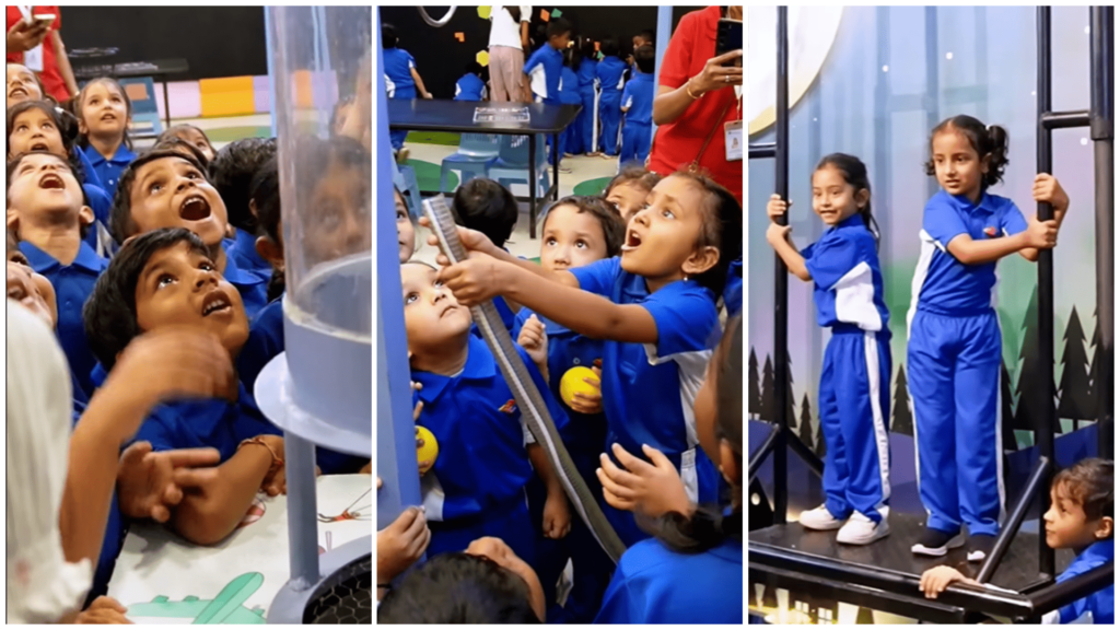 School children enjoying fun indoor field trip activities at MAD Labs Bangalore, exploring air challenges, teamwork games, and group play inside Snow City.