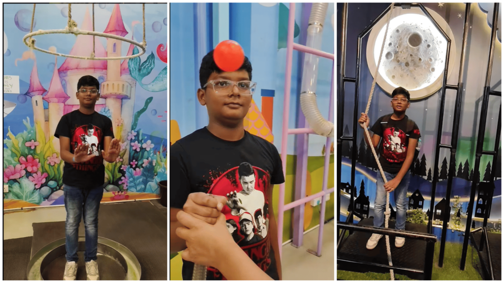 Boy enjoying indoor activities at MAD Labs Bangalore, including bubble zone, air challenges, and lunar lift experience inside Snow City.