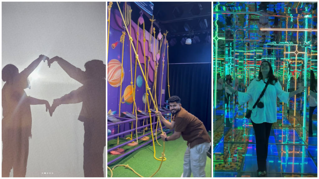 Visitors enjoying interactive zones at MAD Labs Bangalore, including shadow play, rope challenges, and the vibrant Infinity Walk mirror maze inside Snow City.
