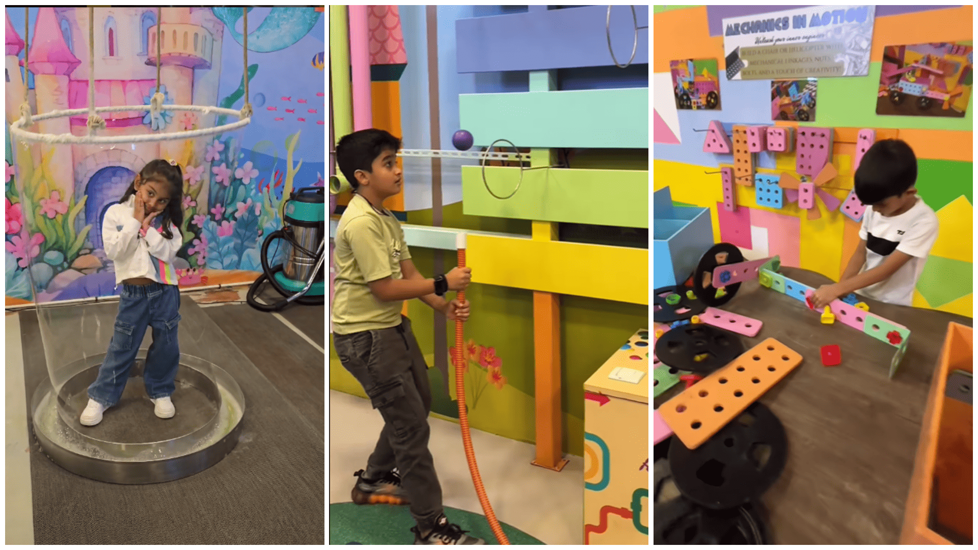 Children enjoying interactive indoor activities at MAD Labs Bangalore, including bubble play, air challenges, and creative building zones inside Snow City.