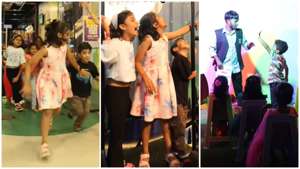 Kids exploring interactive science exhibits and hands-on learning games at MAD Labs Bangalore during a fun indoor activity session.
