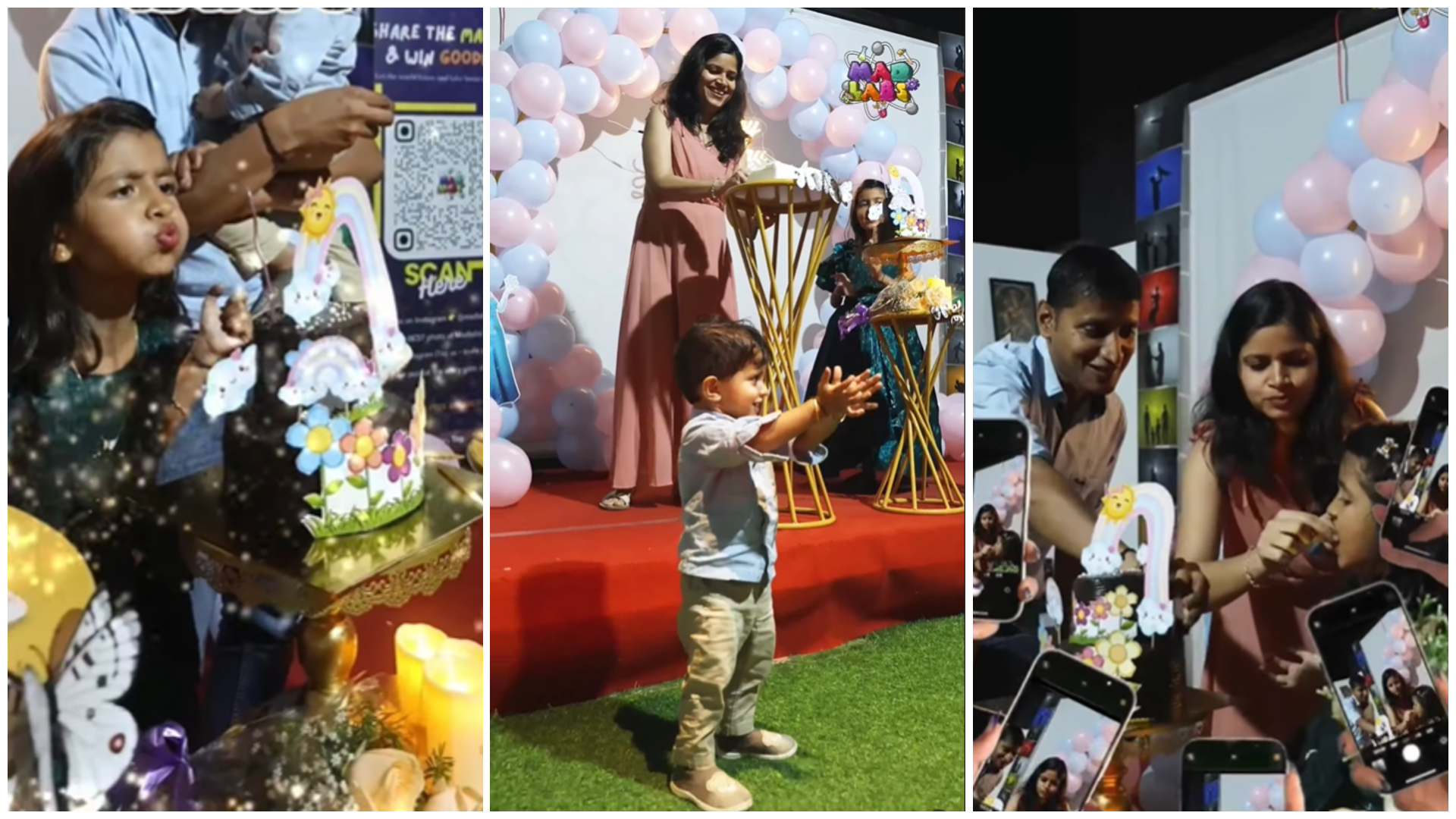 Families celebrating a child’s birthday at MAD Labs Bangalore — kids enjoying cake-cutting, balloons, and decorations in a colorful indoor party setup.