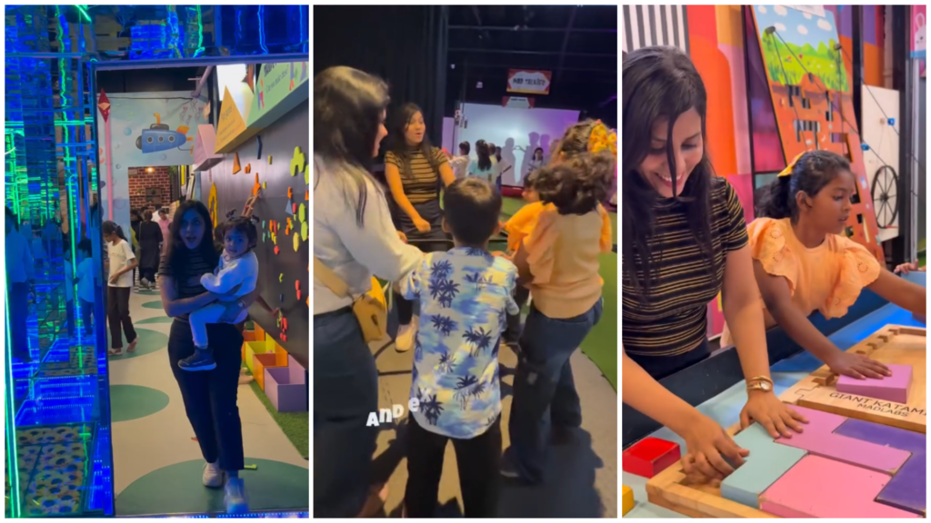 Families and kids enjoying interactive play zones at MAD Labs Bangalore — exploring mirror tunnels, shadow walls, and puzzle stations inside Snow City.