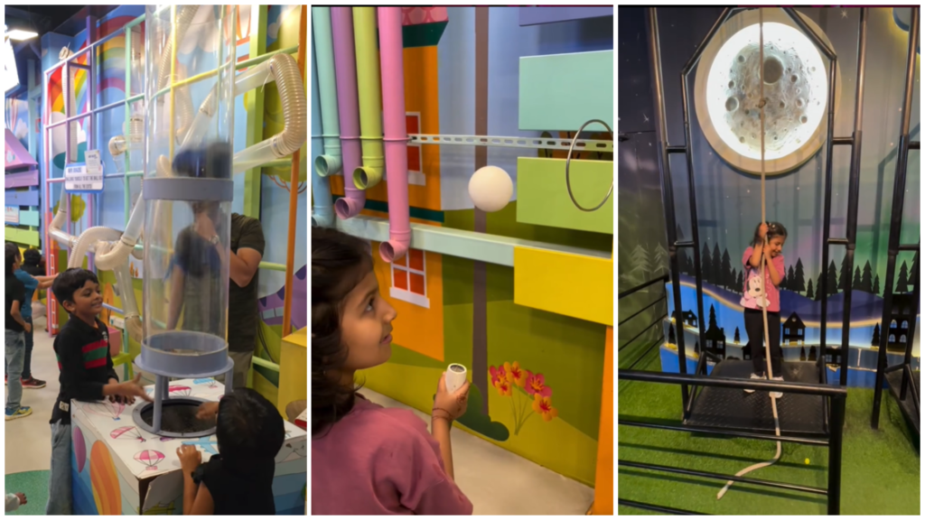 Kids engaging in hands-on STEM experiments and air pressure activities at MAD Labs Bangalore during an interactive science learning session.