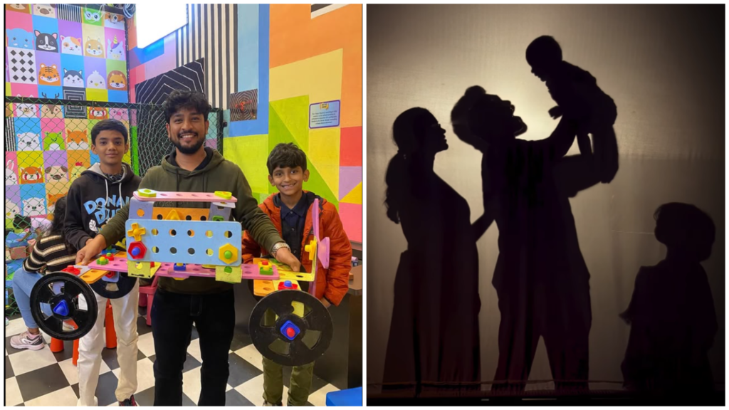 Children and adults engaging in STEM building activities and shadow play at MAD Labs Bangalore.